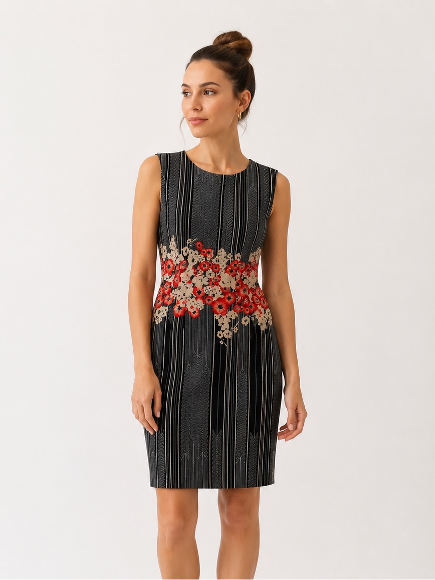 Anne Klein Sleeveless Floral Pinstripe Sheath Dress | Size 8 | Black Red Beige